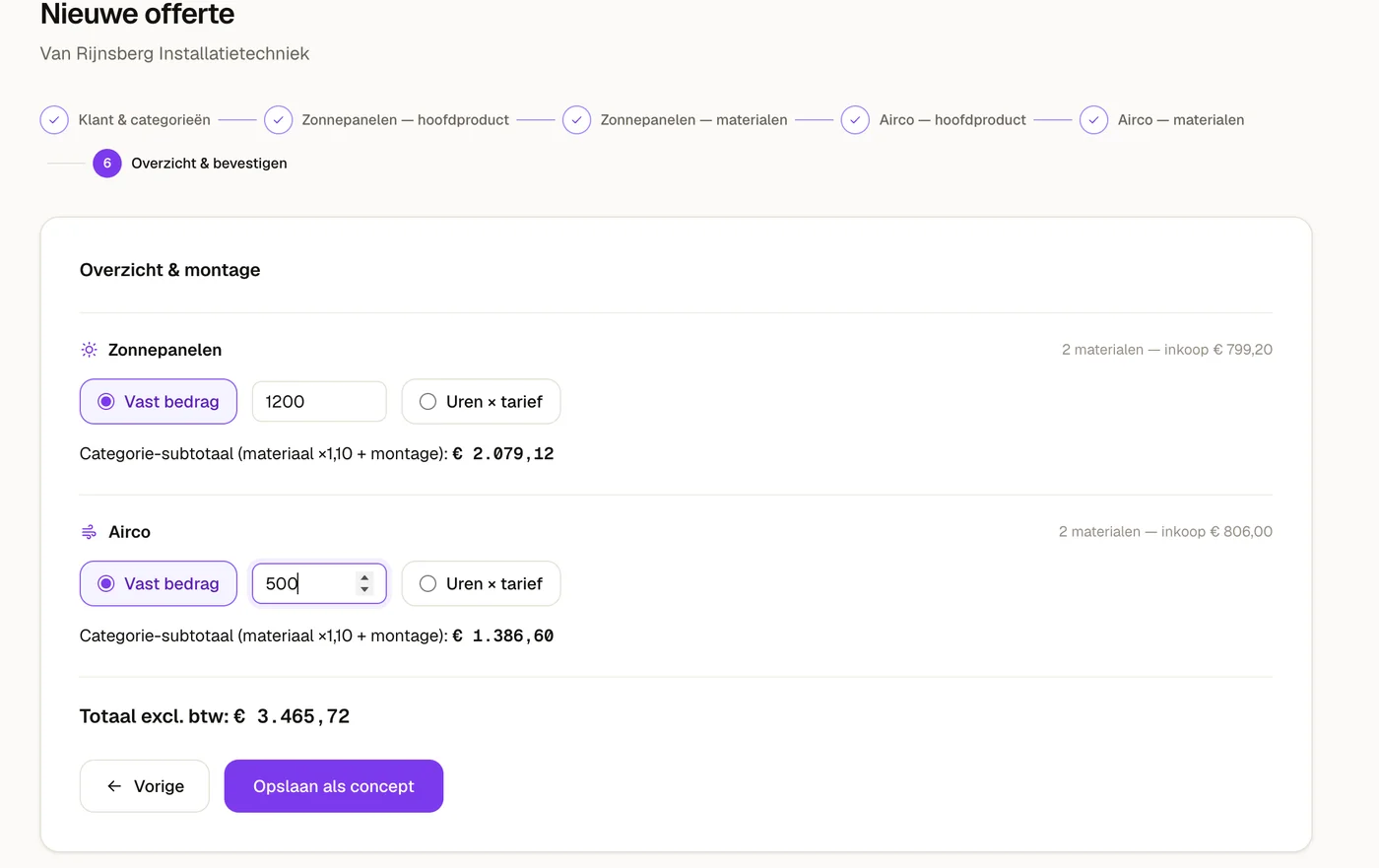 Offerte-overzicht met zonnepanelen en airco, montage als vast bedrag en automatisch berekend totaal exclusief btw